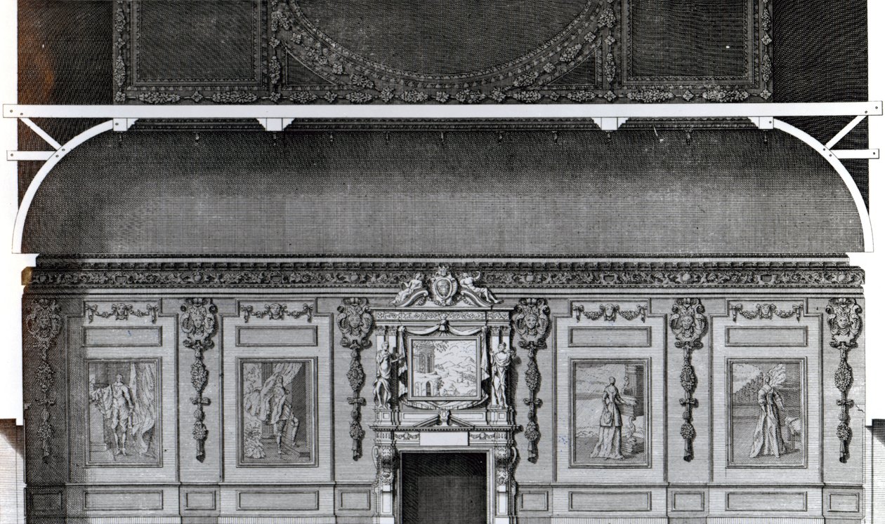 Sección del Gran Comedor en Wilton, según un diseño de Inigo Jones, grabado por H. Hulsbergh, publicado en 