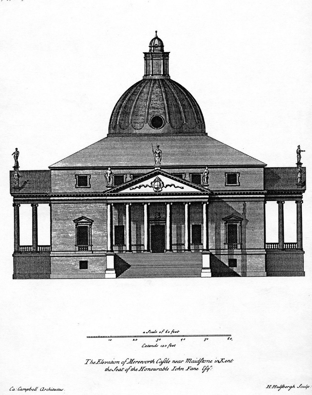Elevación del Castillo de Mereworth, grabado por H. Hulsbergh, c.1722-24 de Colen Campbell