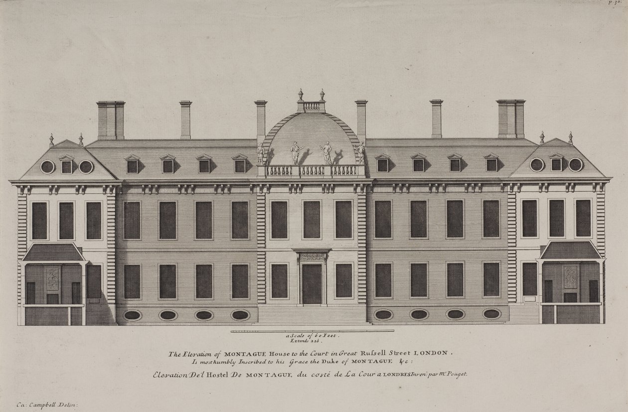 Elevación de Montague House a la corte de Great Russell Street, Holborn, c.1725 (grabado) de Colen Campbell