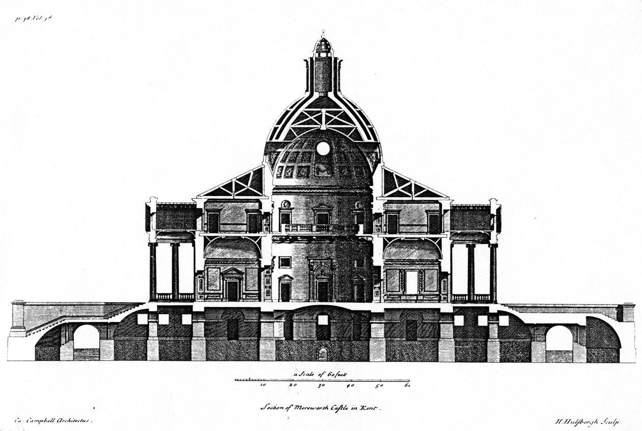 Sección del Castillo de Mereworth en Kent, grabado por H. Hulsbergh de Colen Campbell