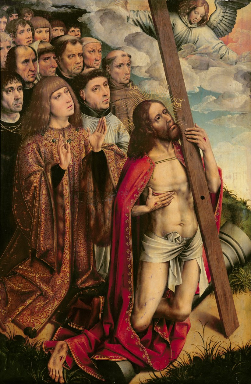 Cristo el Mediador con Felipe el Hermoso (1478-1506) y su séquito, panel izquierdo de un retablo de Colijn de Coter