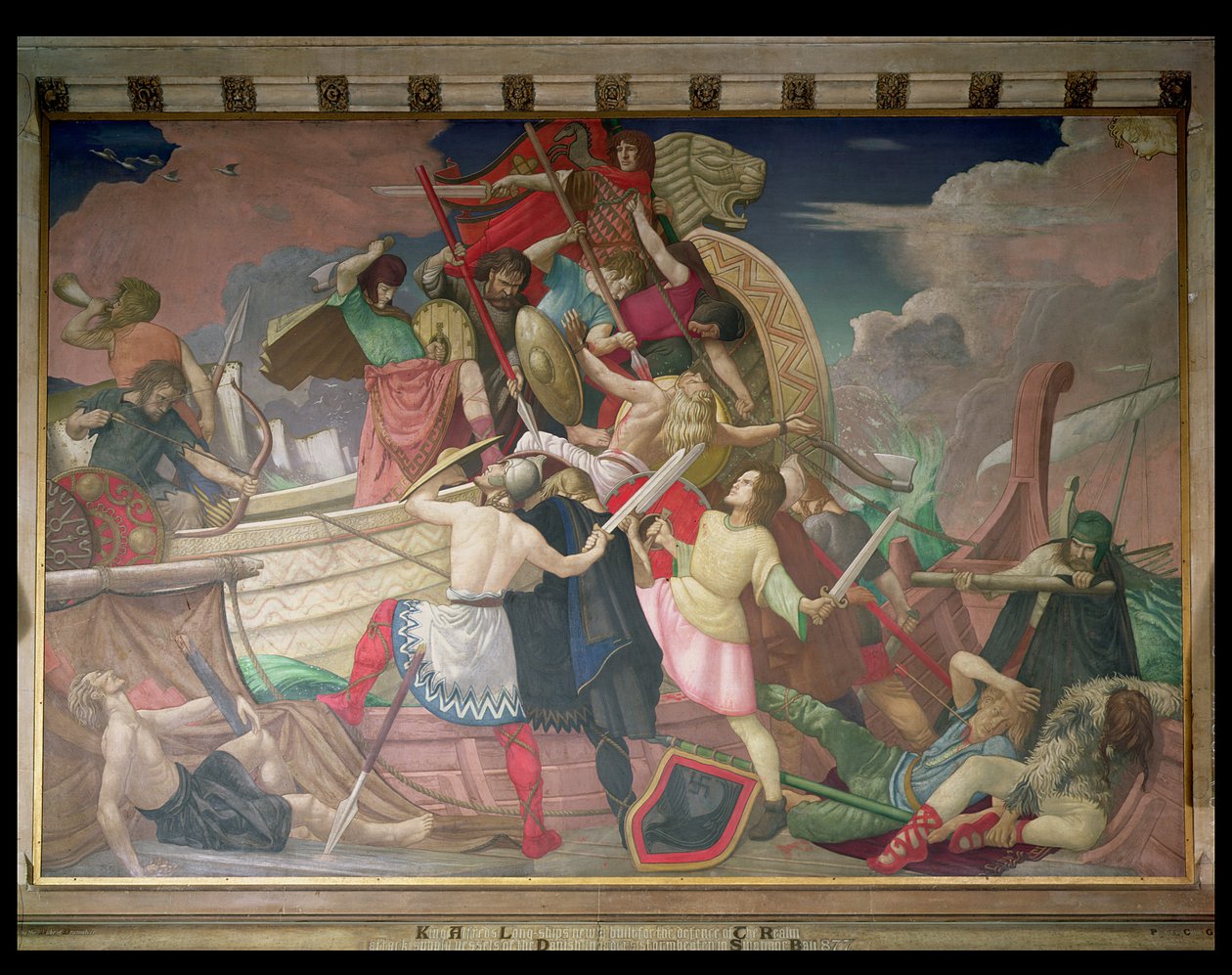 Los barcos largos del Rey Alfredo, recién construidos para la defensa del reino, atacan los barcos de los invasores daneses azotados por la tormenta en la Bahía de Swanage en 877 (detalle) de Colin Unwin Gill