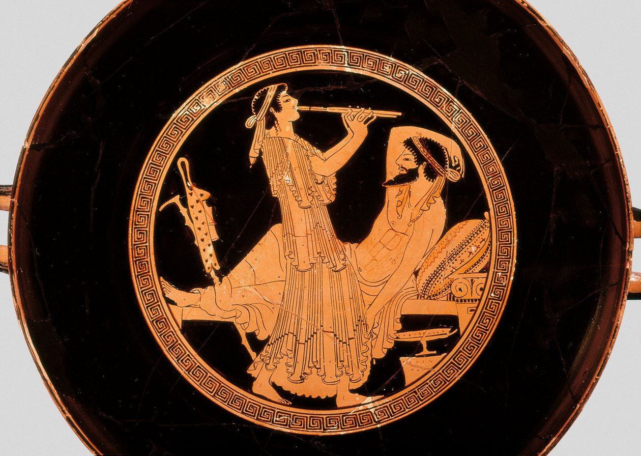 Banquete y flautista doble, detalle de kylix o copa de figuras rojas áticas, c.490 a.C. de Colmar Painter