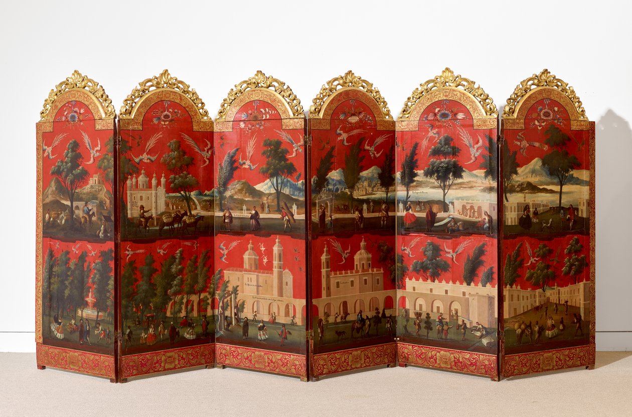 Biombo con vistas de Ciudad de México (óleo sobre panel lacado en maki-e rojo, con monturas de madera dorada y soporte de lino) de Colonial Spanish