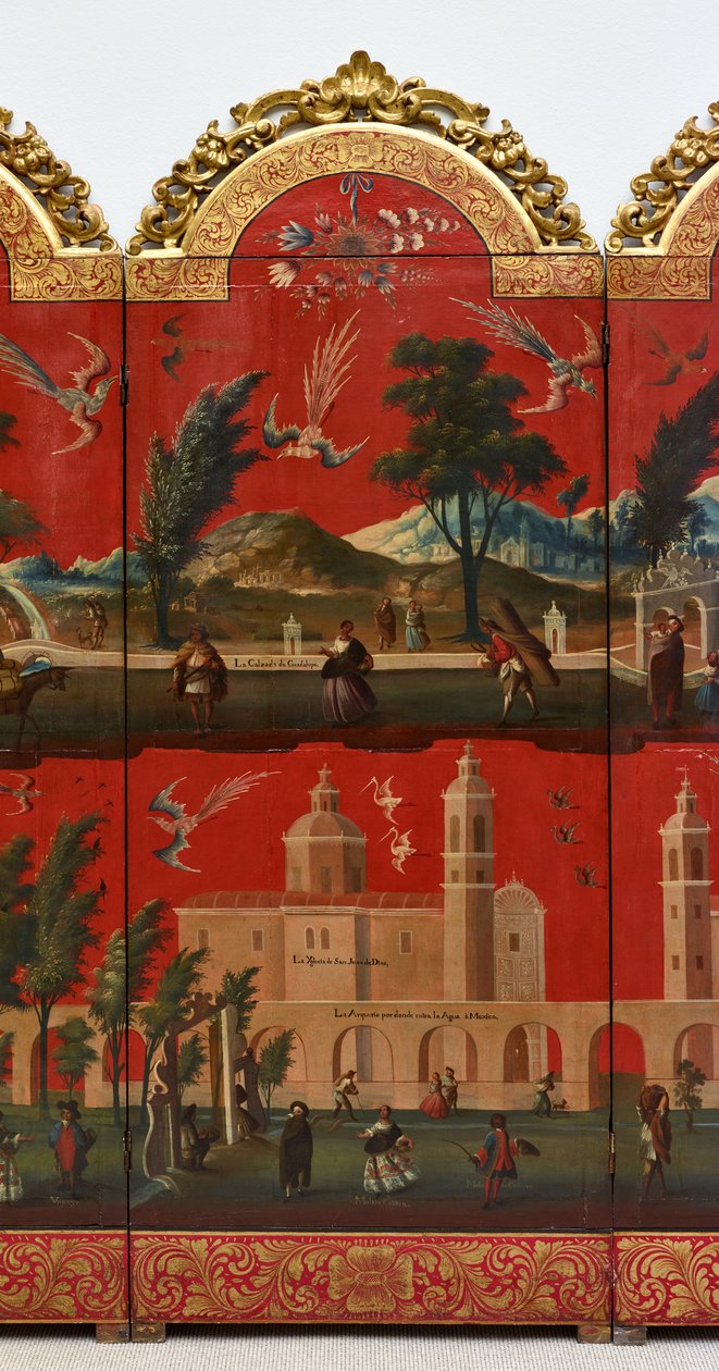 Biombo con vistas de Ciudad de México (óleo sobre panel lacado en maki-e rojo, con monturas de madera dorada y soporte de lino) de Colonial Spanish