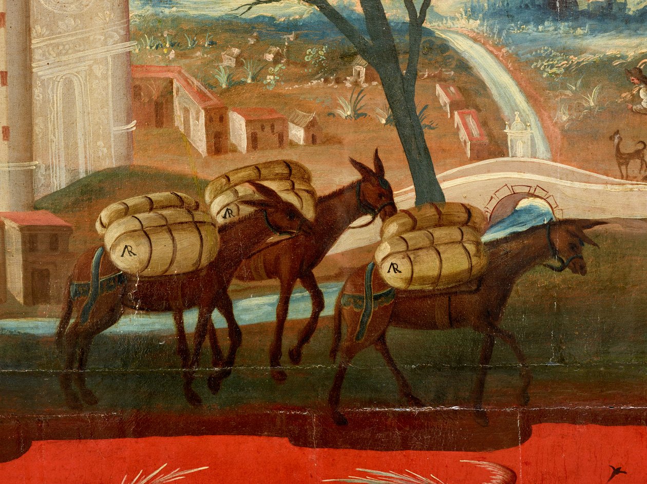 Biombo con vistas de Ciudad de México (óleo sobre panel lacado en maki-e rojo, con monturas de madera dorada y soporte de lino) de Colonial Spanish