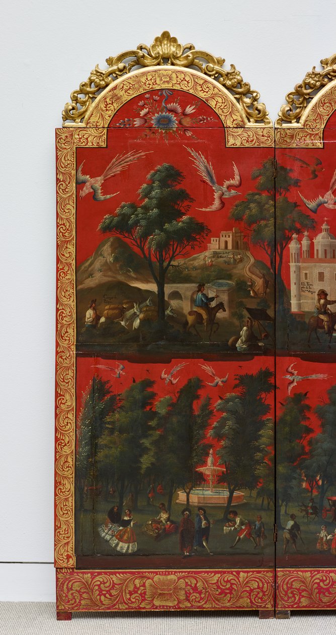 Biombo con vistas de Ciudad de México (óleo sobre panel lacado en maki-e rojo, con monturas de madera dorada y soporte de lino) de Colonial Spanish