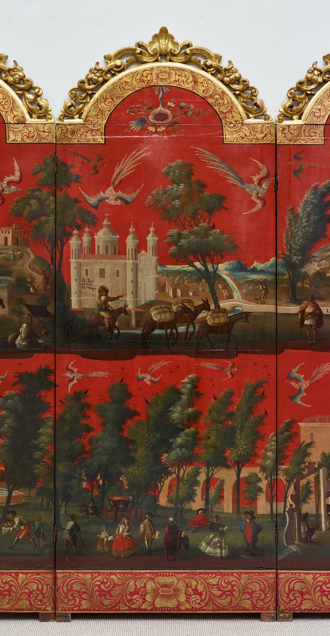 Biombo con vistas de Ciudad de México (óleo sobre panel lacado en maki-e rojo, con monturas de madera dorada y soporte de lino) de Colonial Spanish