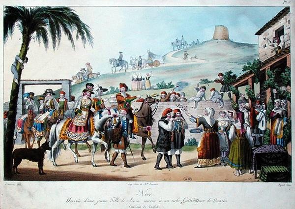 Procesión de boda en la región de Cagliari, Italia, grabado por Bezard 1825 de Cominotti Cominotti