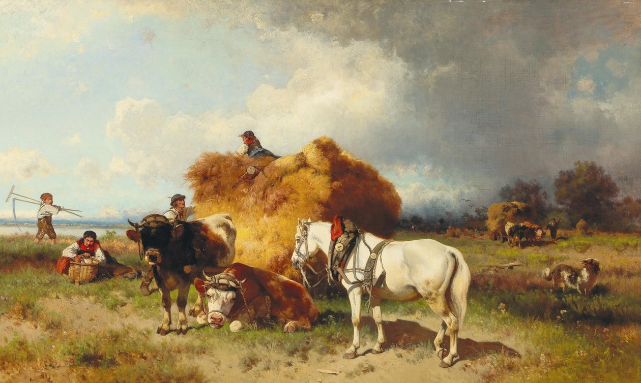 Recolección de heno con tormenta acercándose de Conrad Bühlmayer