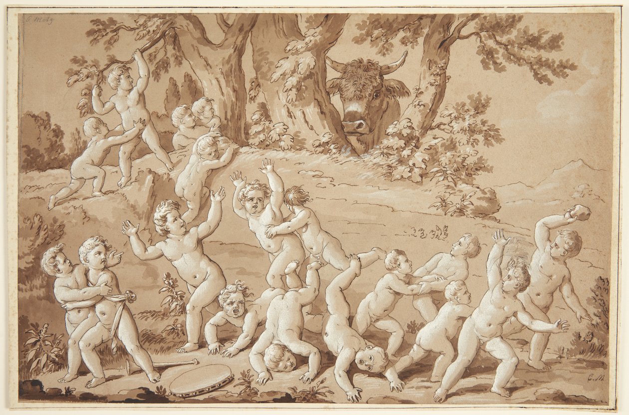 Un gran grupo de putti aterrorizados por la llegada de un toro de Conrad Martin Metz