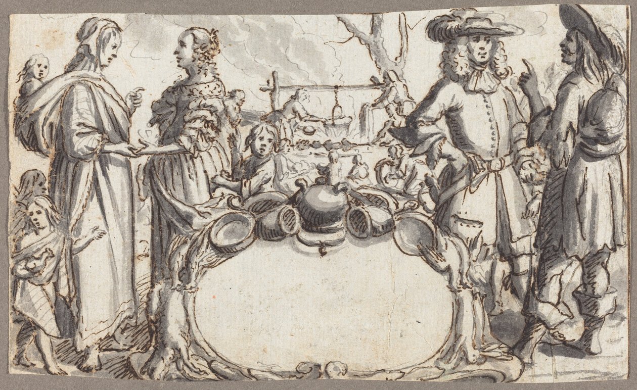 Alegoría de la pobreza y la riqueza (pluma y tinta marrón con aguada gris sobre papel verjurado) de Conrad Meyer