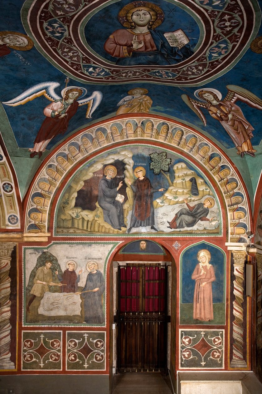 Diferentes episodios de la vida de San Benito: en el centro El milagro de San Plácido San Benito de Nursia, gracias a la intervención de San Mauro su primer discípulo, salva al joven Plácido atrapado en la corriente de un lago. Abajo está el milagro de Consolo