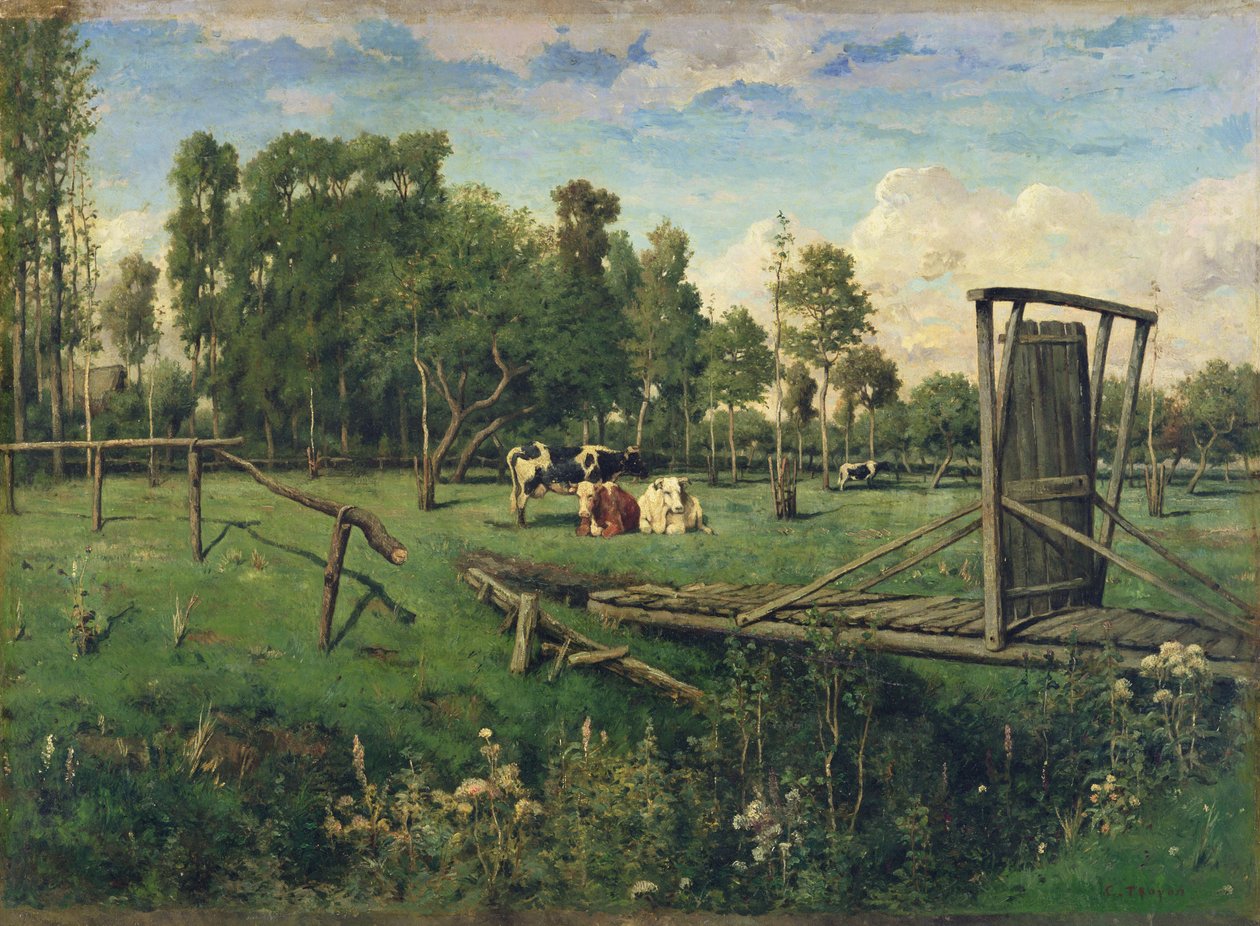 Un pasto en Normandía (óleo sobre lienzo) de Constant Emile Troyon