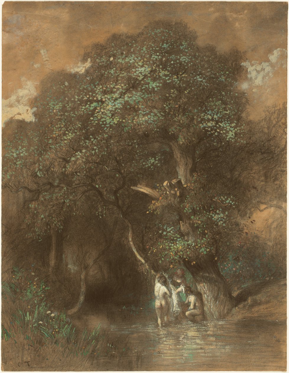 Bañistas junto a un roble gigante, c.1842-1844 (carboncillo sobre papel) de Constant-Emile Troyon