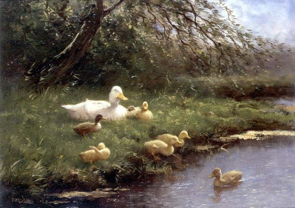 Una familia de patos junto a un río (óleo sobre tabla) de Constant Artz