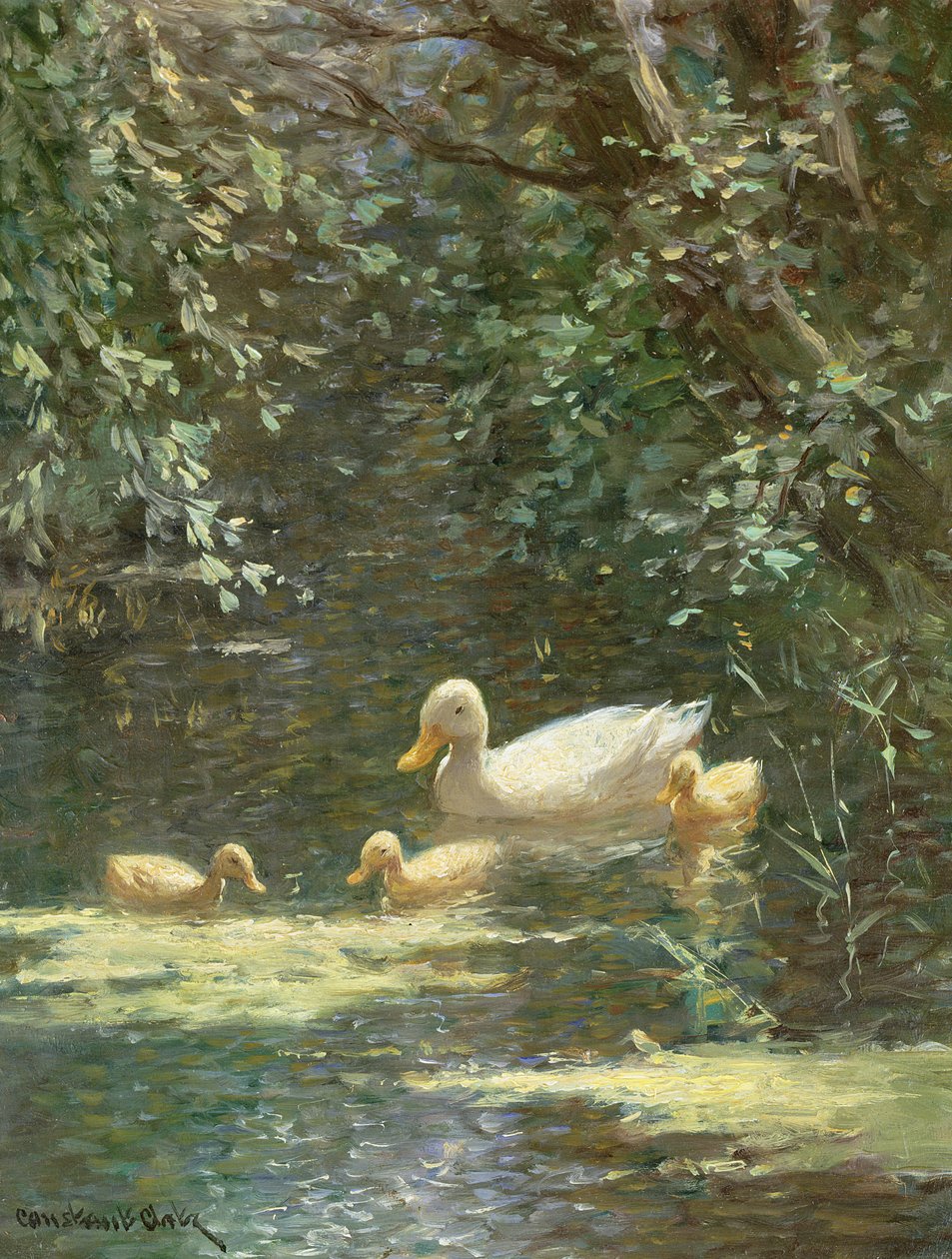 Madre pato con patitos en el agua (óleo sobre lienzo)e de Constant Artz