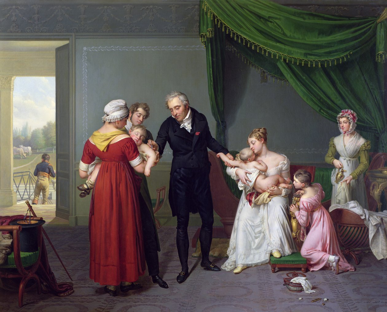 Barón Jean Louis Alibert (1768-1837) realizando la vacunación contra la viruela en el Castillo de Liancourt, c.1820 de Constant Joseph Desbordes