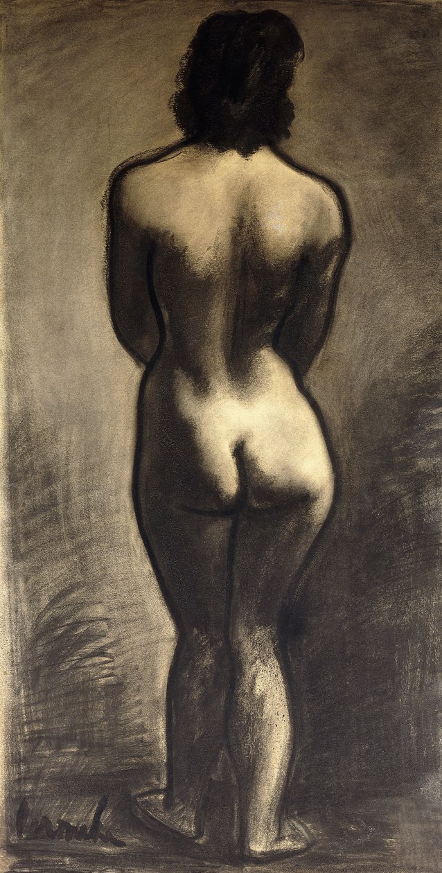 Standing Nude; Nu Debout - Stand Naakt, c. 1930 (tiza negra y aguada negra sobre papel) de Constant Permeke