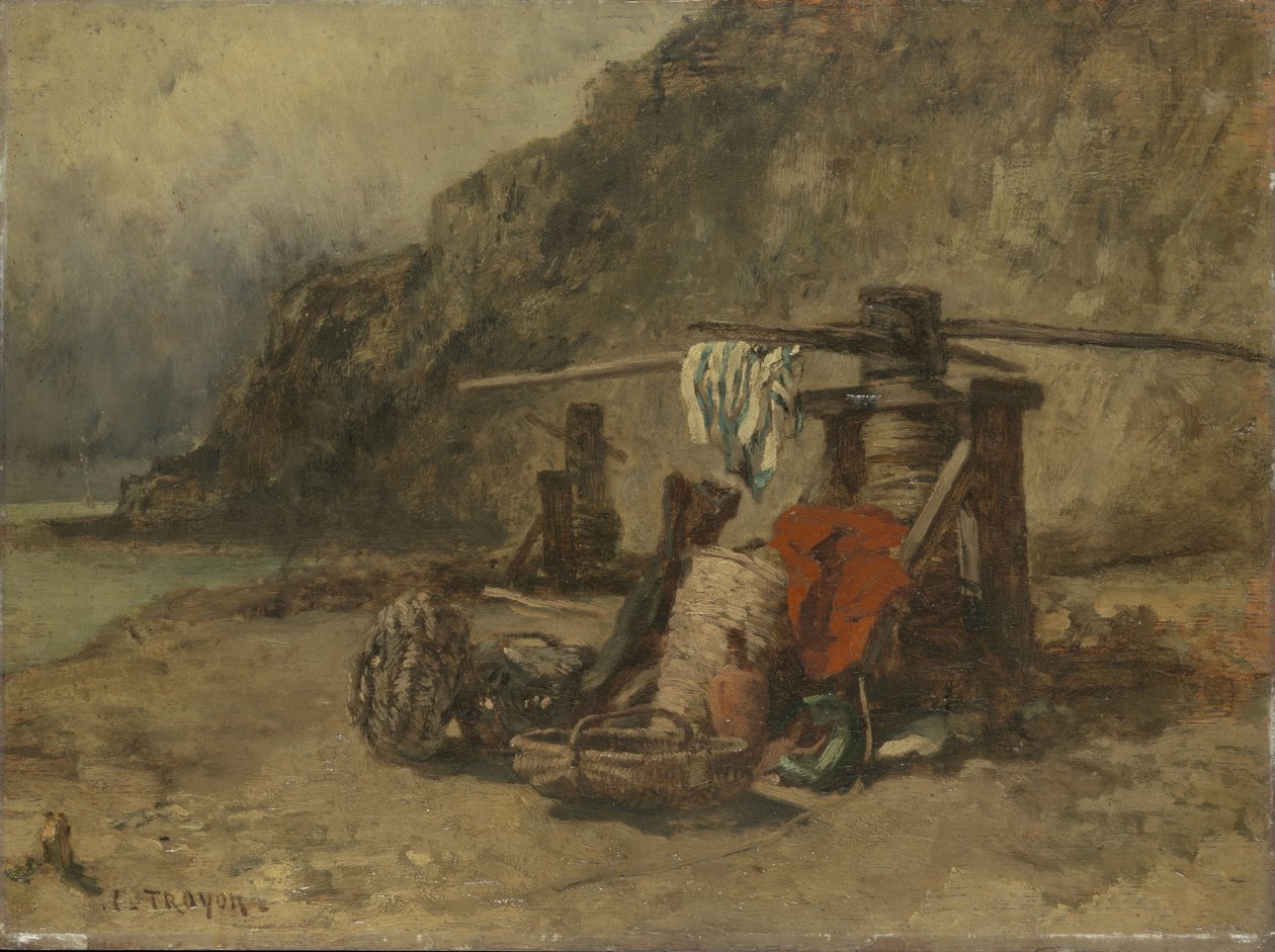 Escena de playa con puestos de capa de Constant Troyon