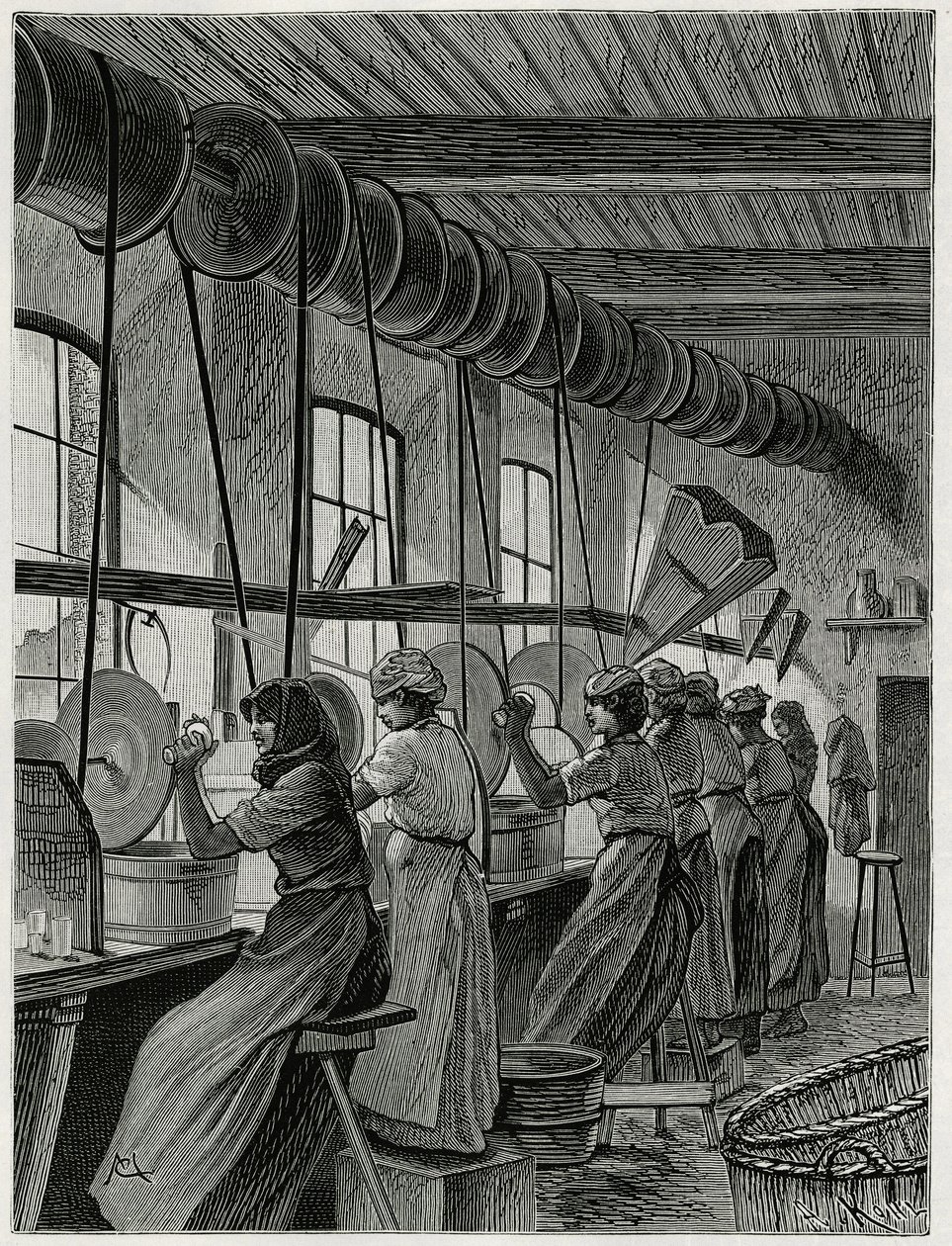 Un taller de mujeres en la cristalería de Val Saint Lambert. Grabado de C.Meunier para ilustrar la historia “La Belgique”, de Camille Lemonnier (1844-1913), escritor y crítico de arte. de Constantin Emile Meunier