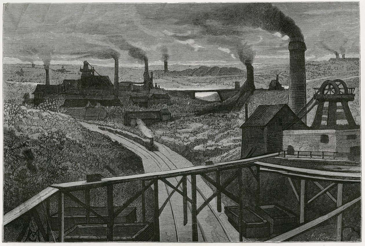 Minería de carbón y terriles (aspectos de la región boraine). Grabado por Constant Meunier, para ilustrar la historia "Bélgica", por Camille Lemonnier (1844-1913) escritor belga. Publicado en Le Tour du monde, nuevo diario de viajes, 2º semestre 1884 de Constantin Emile Meunier