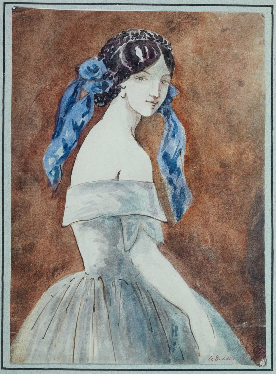 Estudio de mujer de medio cuerpo, vestido escotado, velo anudado sobre el cabello de Constantin Guys