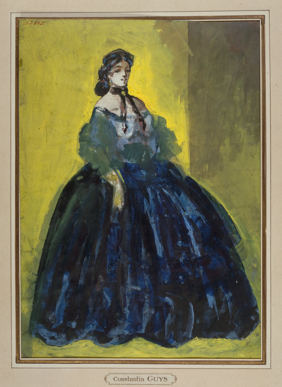 Studie einer Frau im blauen Kleid vor gelbem und grünem Hintergrund, um 1865 de Constantin Guys