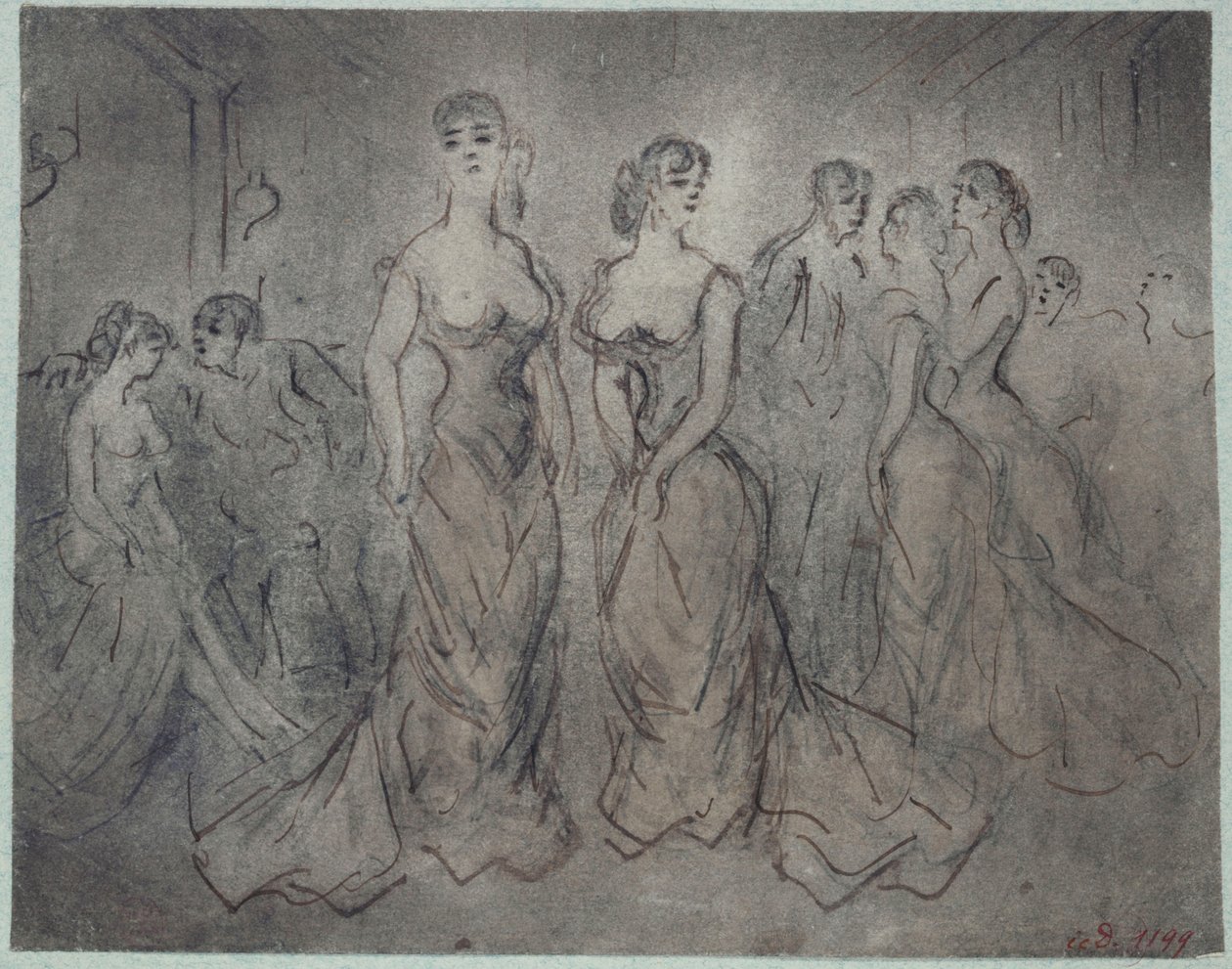 Escena interior de una casa de citas, con mujeres y hombres, hacia 1875 de Constantin Guys