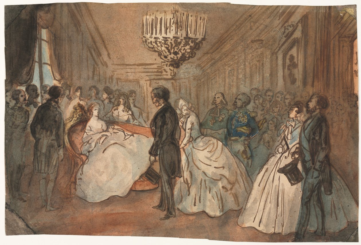 La Emperatriz Eugenia recibiendo al Cuerpo Diplomático después del nacimiento del Príncipe Imperial, 1800s de Constantin Guys