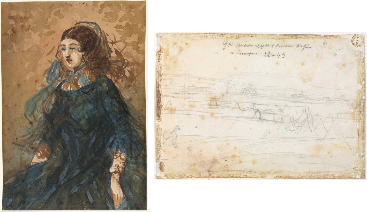 Mujer en un vestido azul (recto); Escena de campamento de guerra (verso) de Constantin Guys