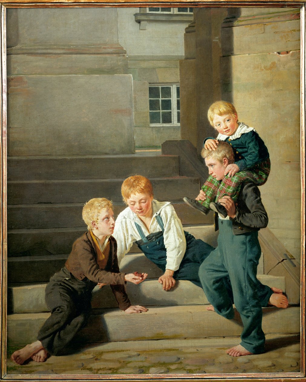 Chicos jugando a los dados frente al palacio de Christiansborg en Copenhague (pintura sobre lienzo) de Constantin Hansen
