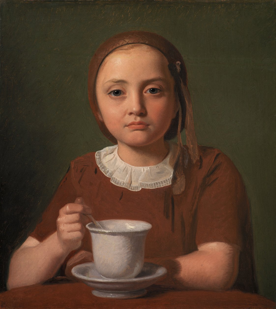 Danés:  En lille pige, Elise Købke, med en kop foran sig Retrato de una niña, Elise Købke, con una copa delante de Constantin Hansen