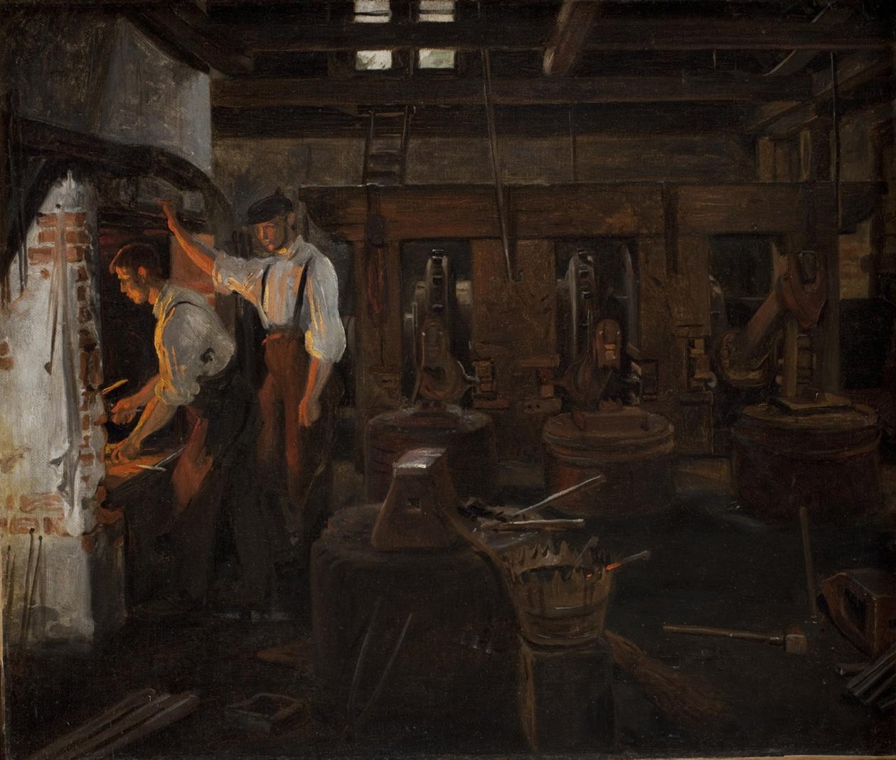 El interior del viejo molino de martillos en Hellebæk de Constantin Hansen