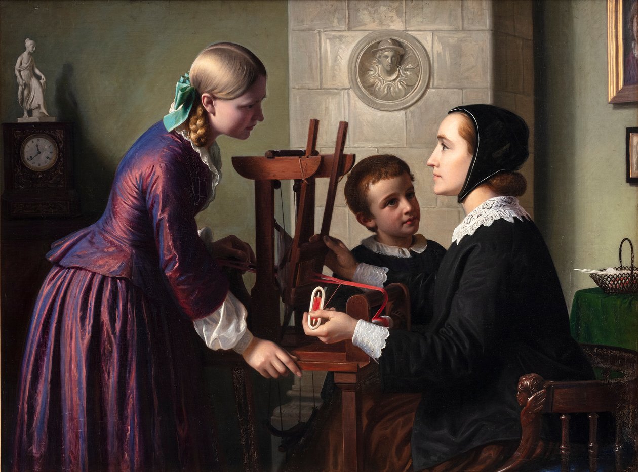 Una ama de casa en su telar hablando con dos niños de Constantin Hansen