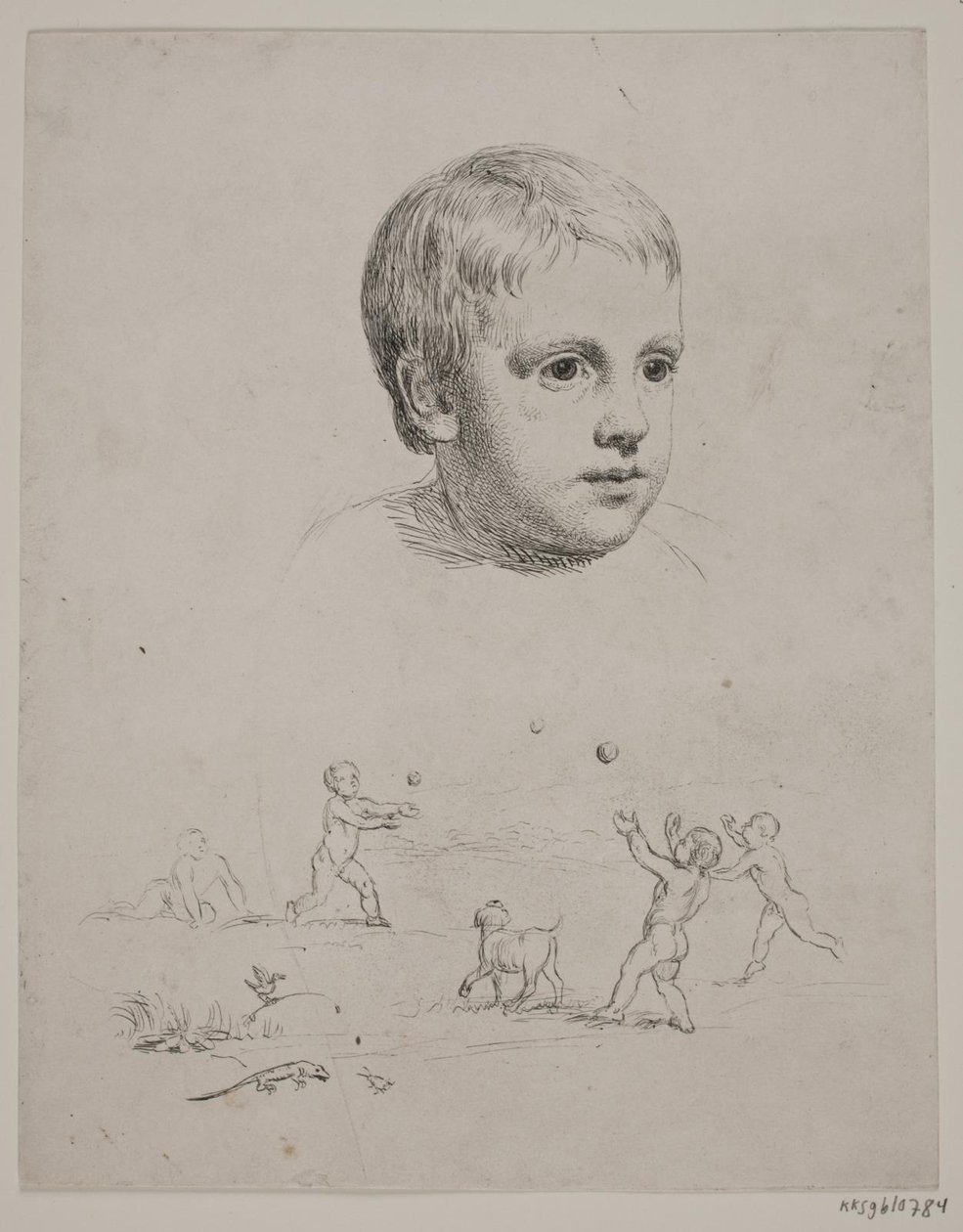 Arriba retrato de T. N. Thiele de niño, abajo cuatro niños jugando a la pelota de Constantin Hansen