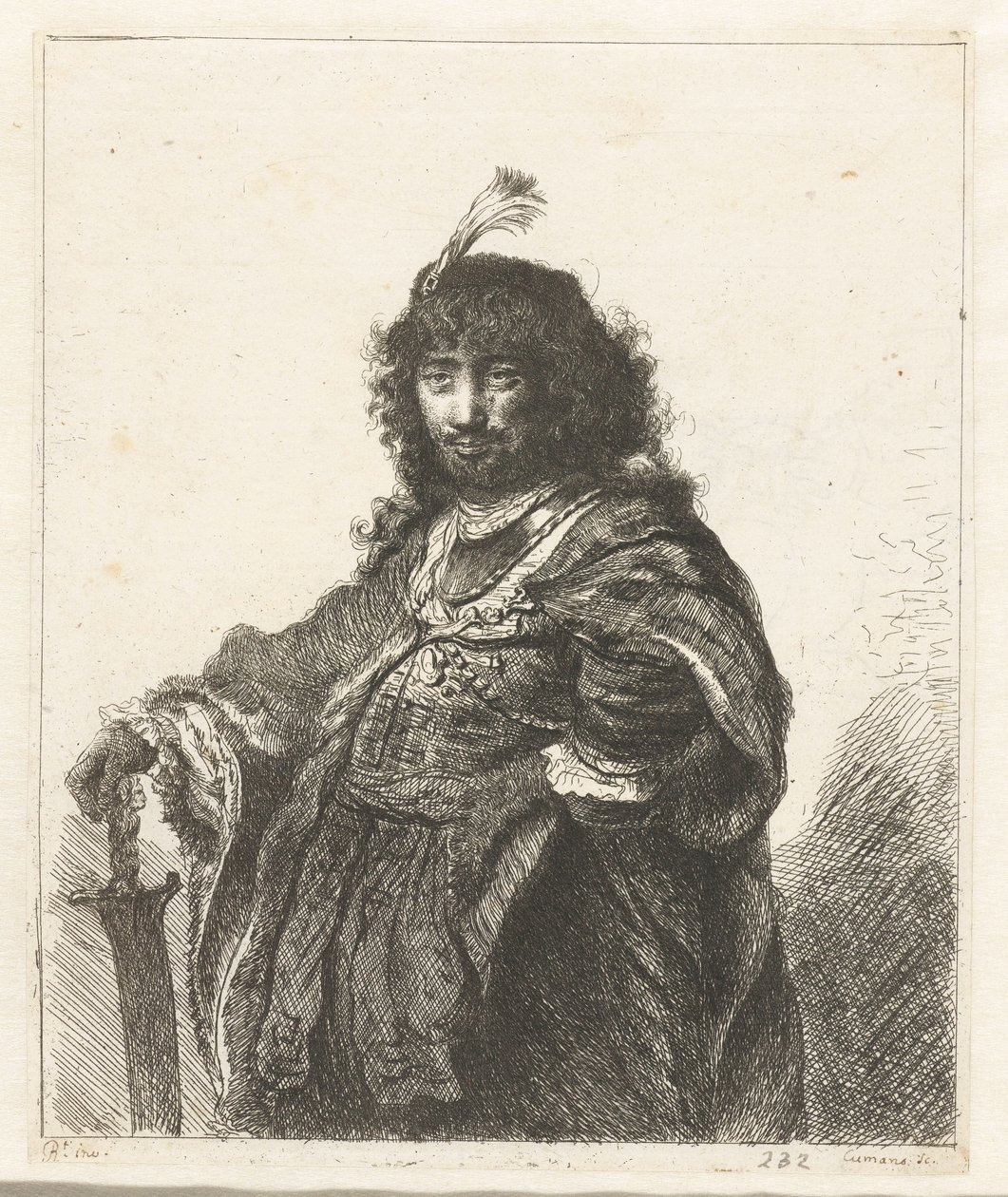 Autorretrato (?) con gorro emplumado y sable bajado de Constantino Cumano
