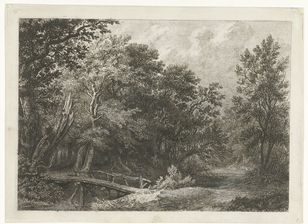 Vista al bosque con puente de madera de Constantinus Cornelis Huysmans
