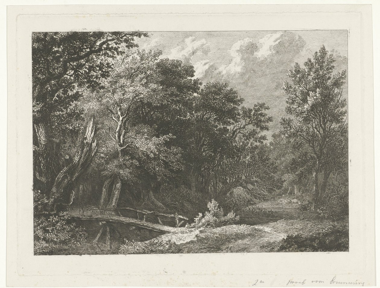 Vista al bosque con puente de madera de Constantinus Cornelis Huysmans