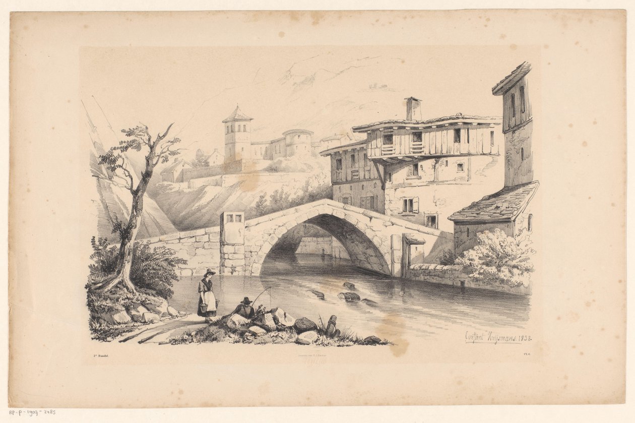 Puente sobre el río en pueblo de montaña El paisaje (título de la serie) de Constantinus Cornelis Huysmans
