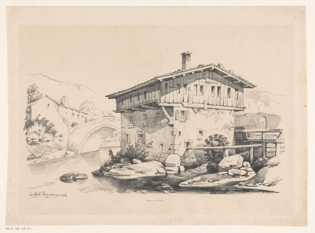 Casa y molino de agua en pueblo de montaña El paisaje (título de la serie) de Constantinus Cornelis Huysmans