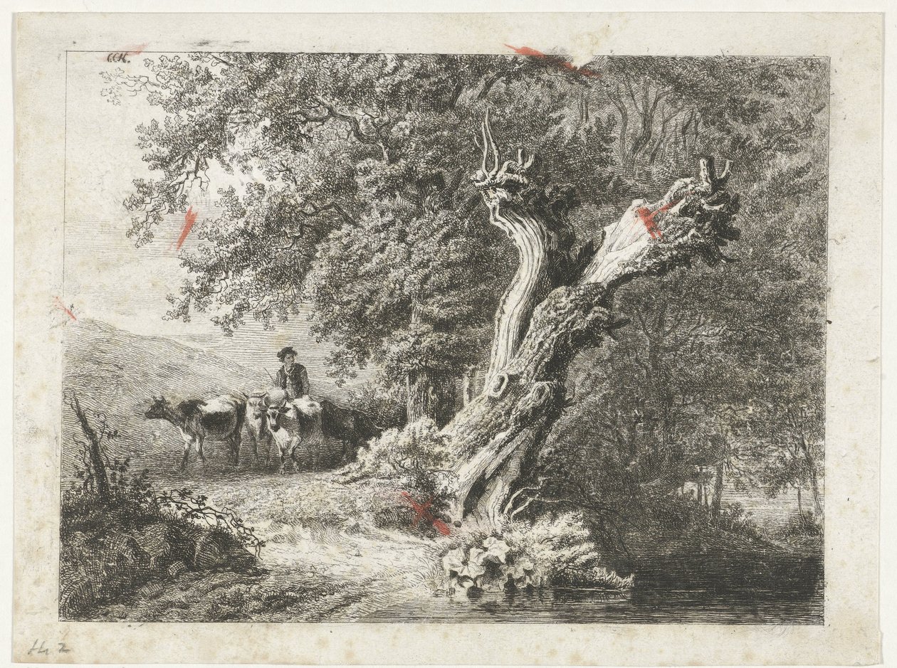 paisaje con árbol desnudo y pastor de Constantinus Cornelis Huysmans