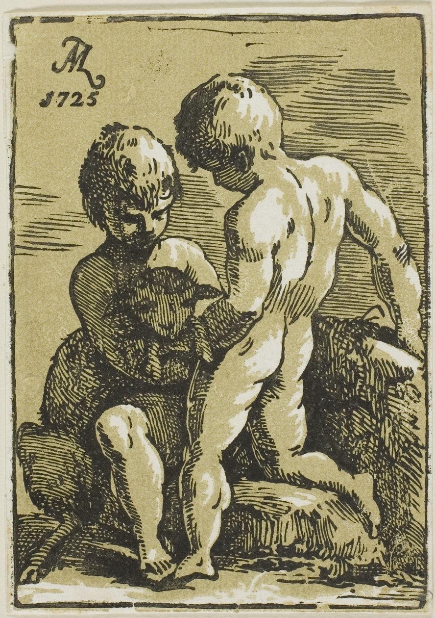 Dos niños acariciando un cordero de Conte Antonio Maria Zanetti the Elder