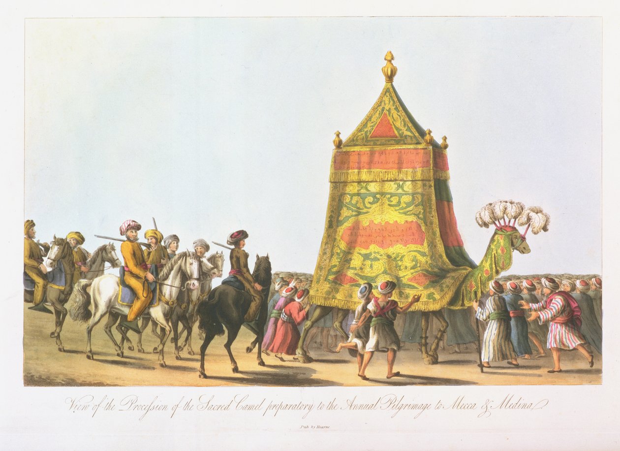 Vista de la procesión del camello sagrado preparatoria para la peregrinación anual a La Meca y Medina, pub. 1822 de Cooper Willyams