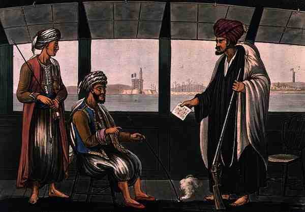 Árabes a Bordo del Swiftsure, grabado por Joseph Constantine Stadler (fl.1780-1812) publicado por I. White, Londres de Cooper (after) Willyams