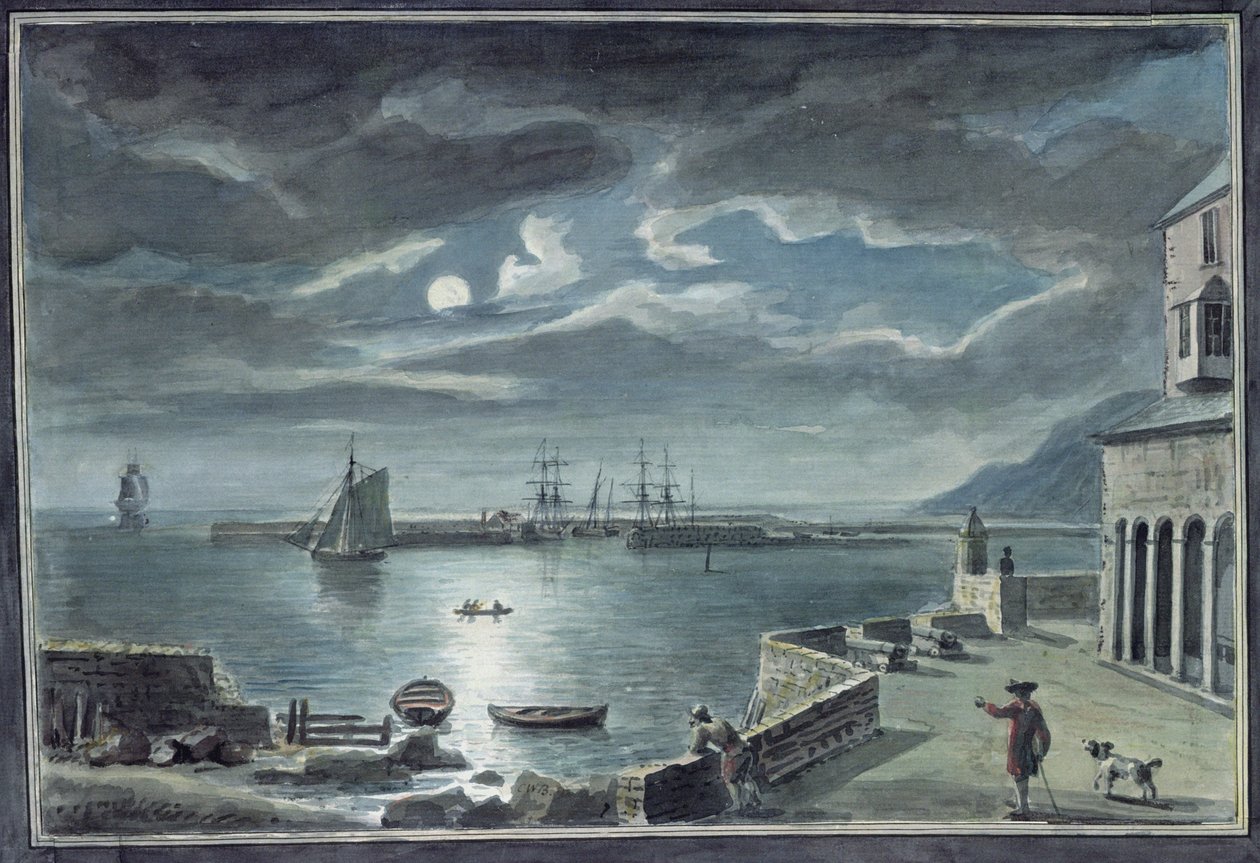 El puerto y el Cobb, Lyme Regis, Dorset, a la luz de la luna de Copplestone Warre Bamfylde