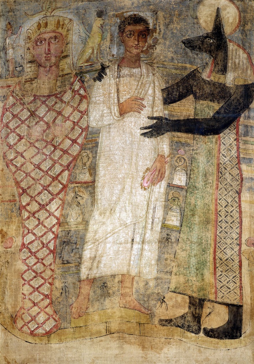 El difunto y su momia protegidos por Anubis de Coptic
