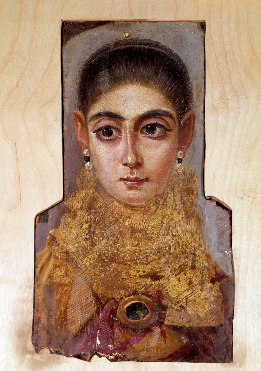 Arte copto: joven mujer llamada Fayoum (alrededor de 160 d.C.) Pintura de cera sobre madera. París, Museo del Louvre de Coptic