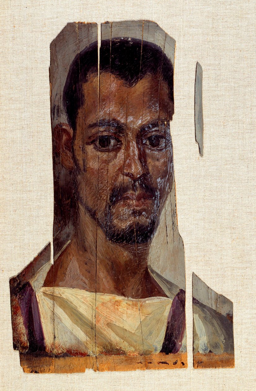 Retrato de una momia masculina. Siglo III, período romano (antiguo Egipto) (30 a.C.-395 d.C.) De la región de Fayoum (Fayum). 0,41x0,14 m París, museo del Louvre de Coptic
