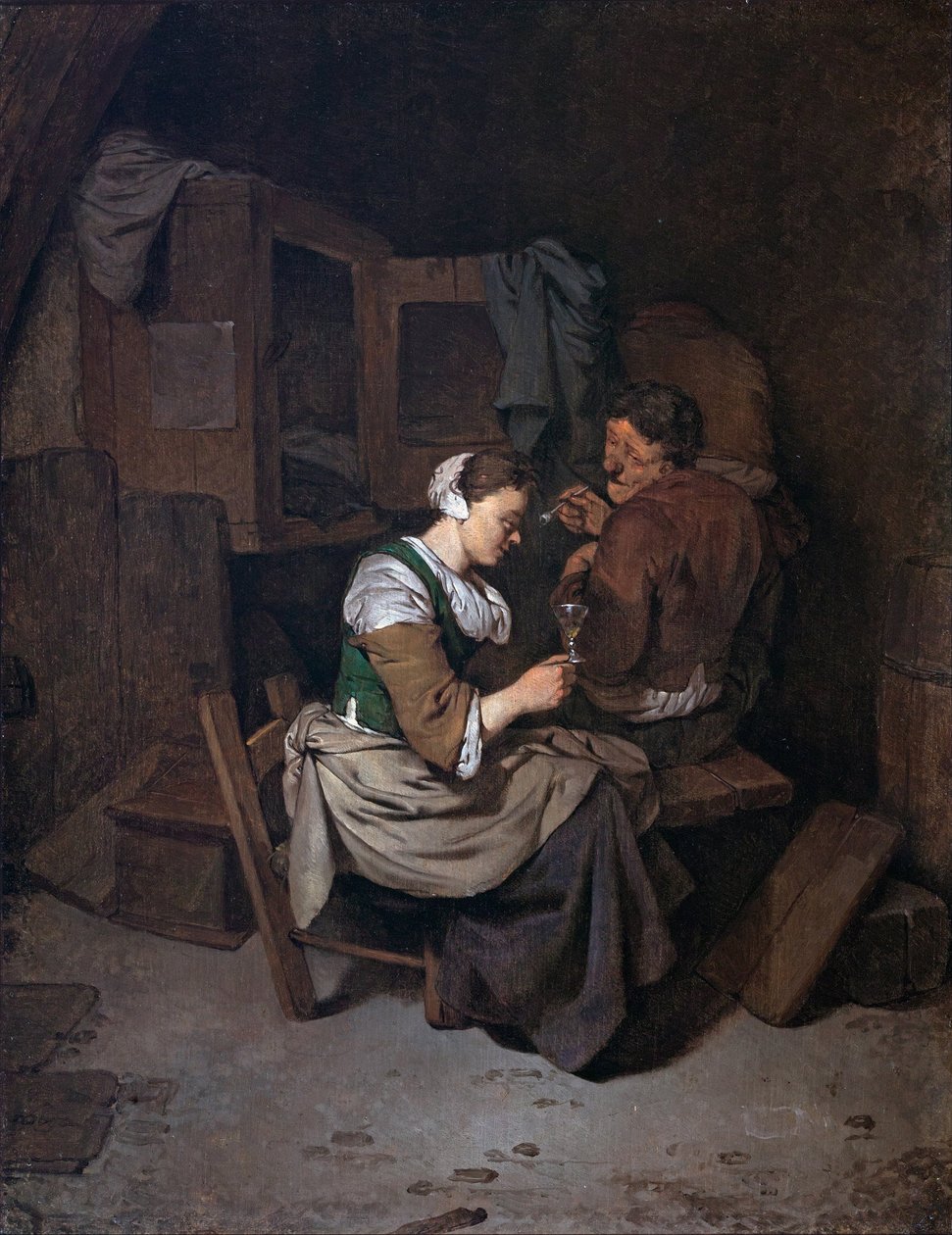 Mujer con copa de vino y dos campesinos varones de Cornelis Pietersz Bega